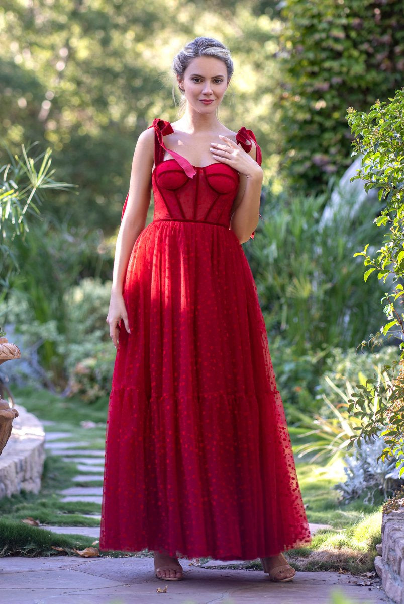 Corset Dotted Tulle Maxi Length Prom Dress