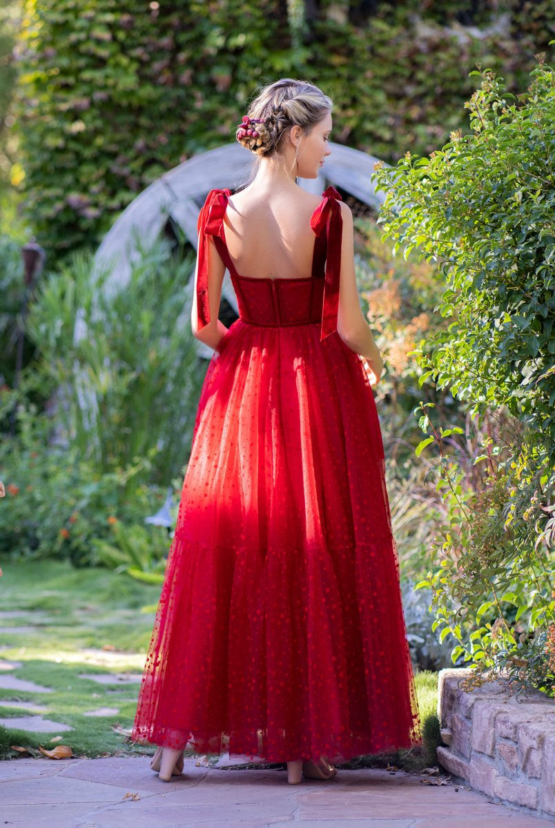 Corset Dotted Tulle Maxi Length Prom Dress