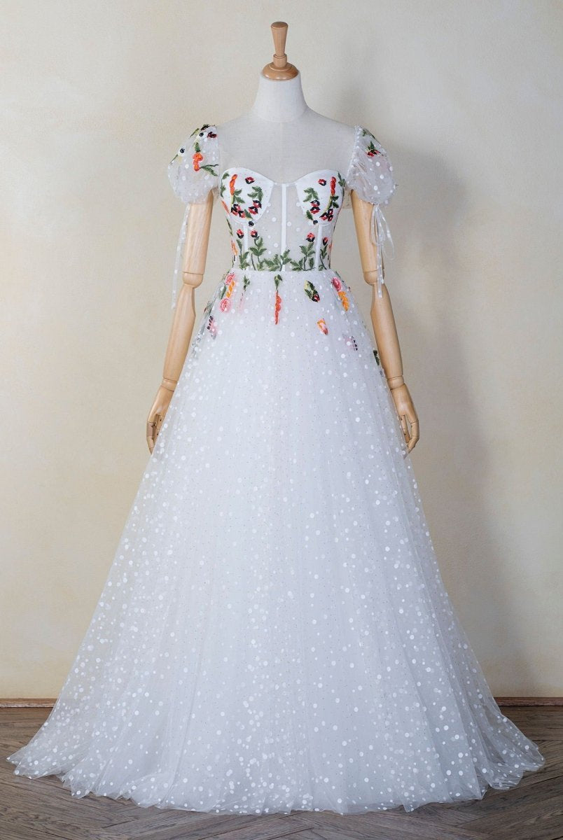 Corset Embroidered Tulle Sweep Train Prom Dress