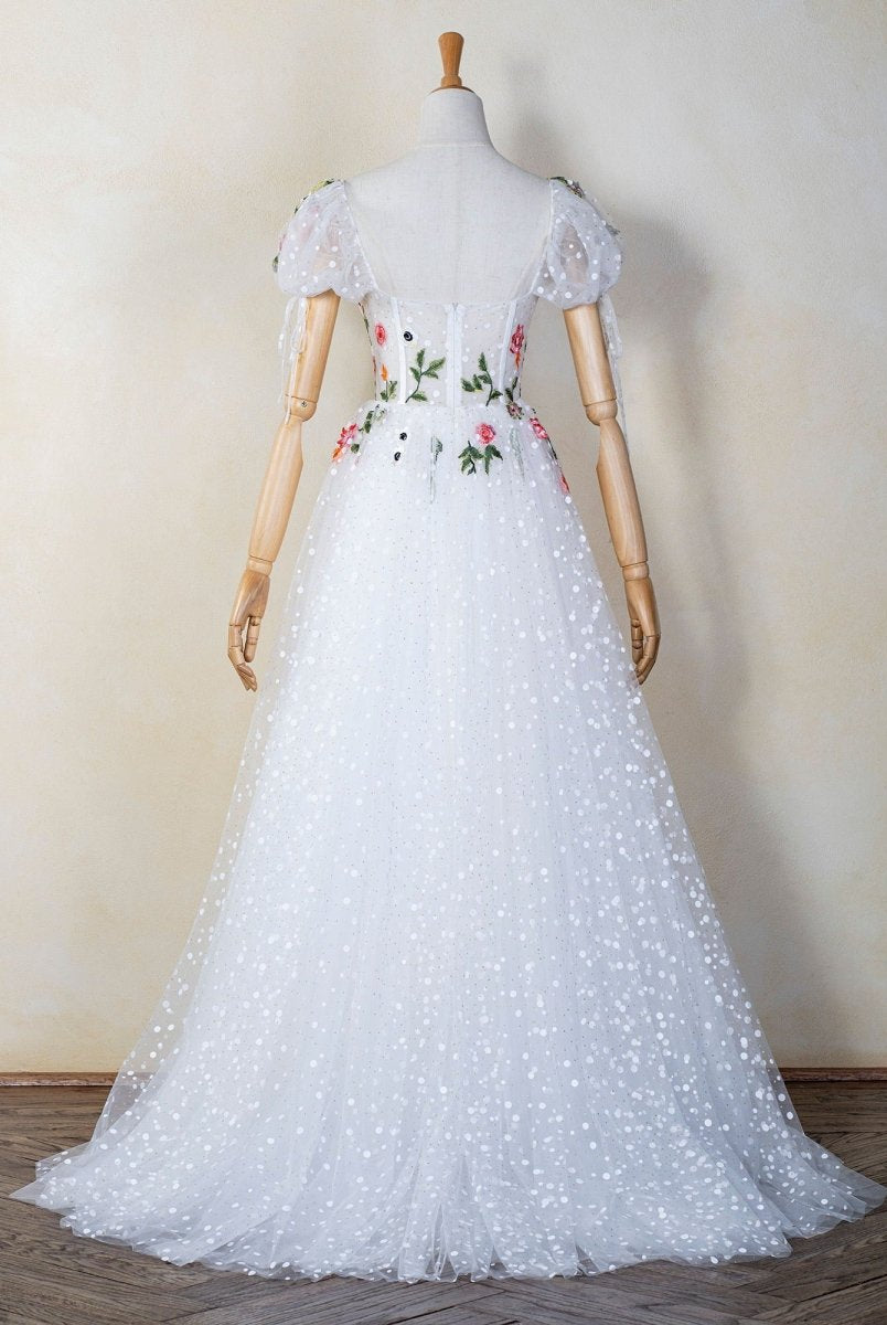 Corset Embroidered Tulle Sweep Train Prom Dress