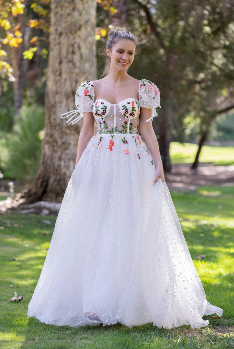 Corset Embroidered Tulle Sweep Train Prom Dress