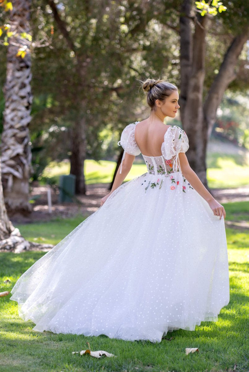 Corset Embroidered Tulle Sweep Train Prom Dress