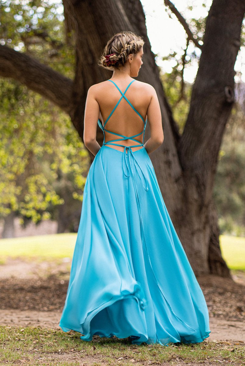 A - line Straight Across Chiffon Floor Length Cutout Back Bridesmaid Dress - KissProm