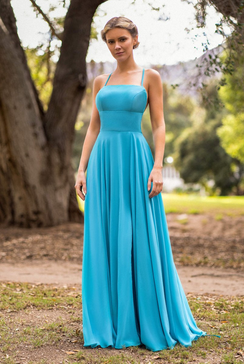 A - line Straight Across Chiffon Floor Length Cutout Back Bridesmaid Dress - KissProm