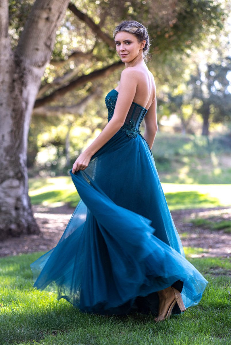 Corset Lace Floor Length Tulle Prom Dress