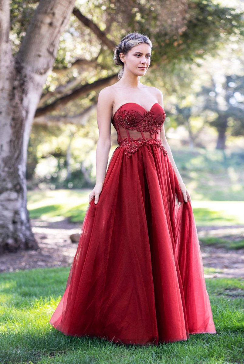 Corset Lace Floor Length Tulle Prom Dress