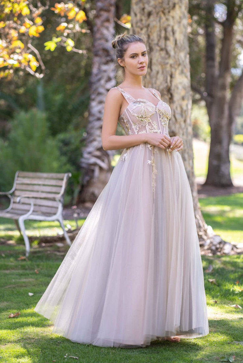 Corset Lace Floor Length Tulle Applique Prom Dress - KissProm