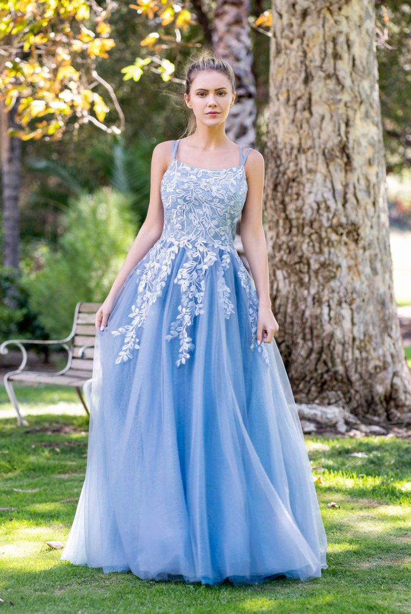 A-line Lace Applique Floor Length Tulle Prom Dress