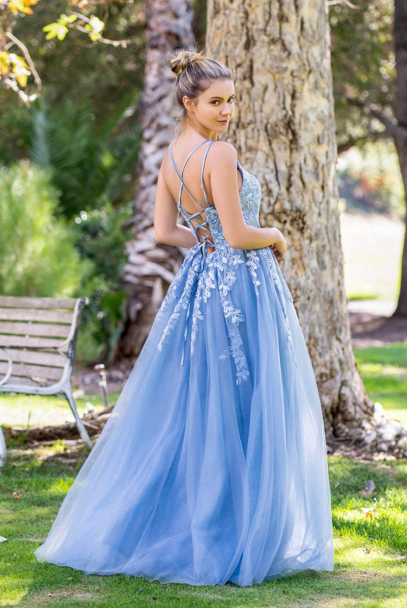 A-line Lace Applique Floor Length Tulle Prom Dress