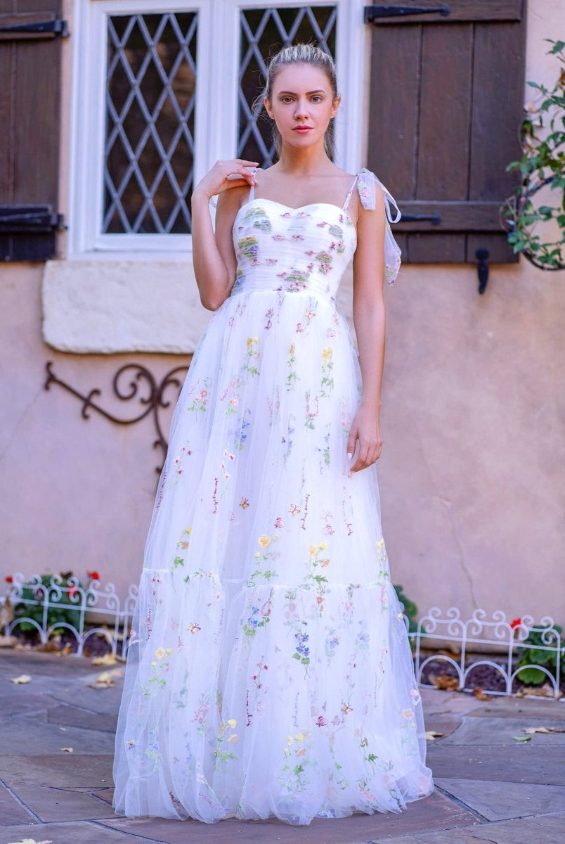 Sweetheart Neck Floor Length Tulle Embroidery Floral Prom Dress