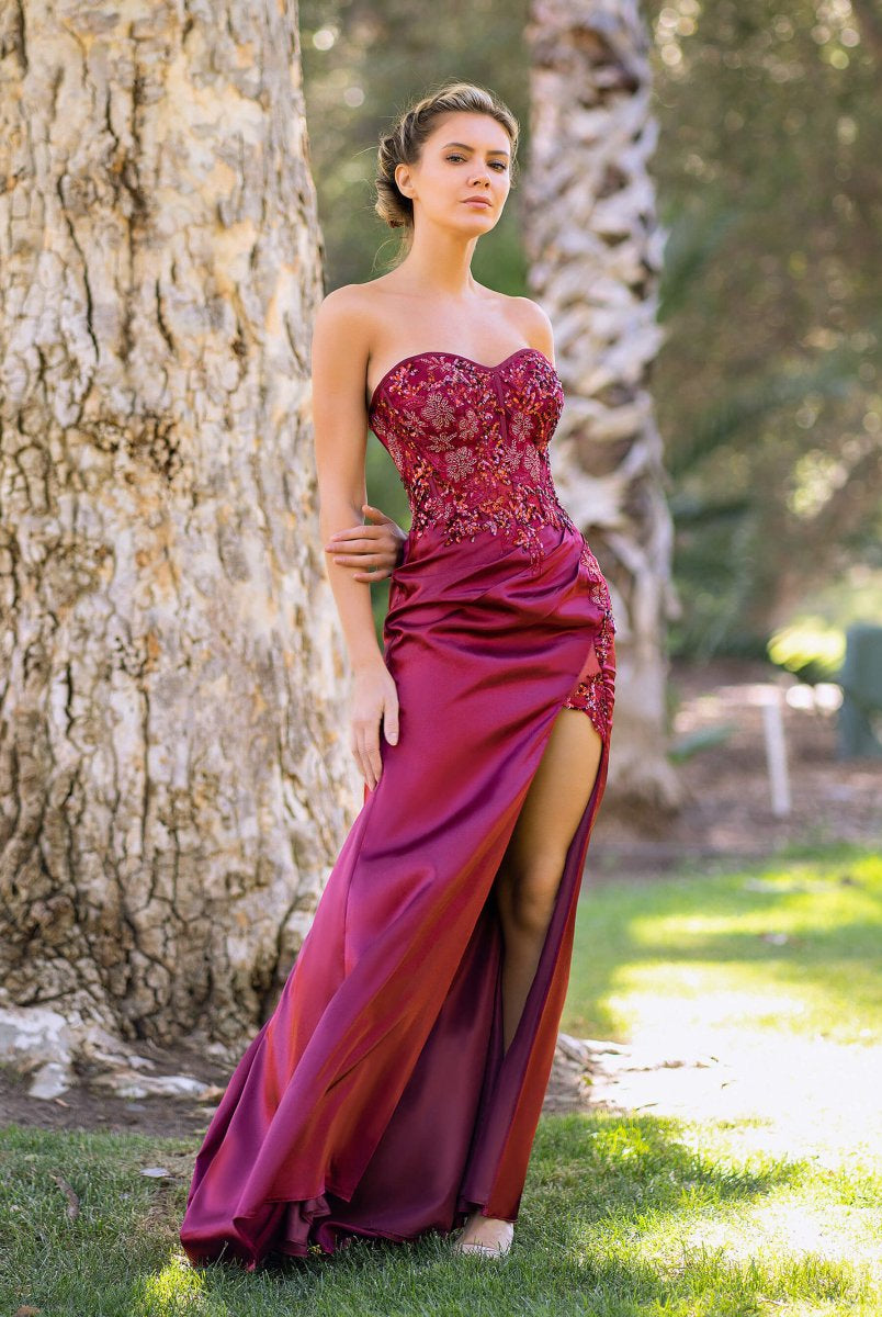 Sweetheart Neckline Sequin Lace Top Satin Floor Length Prom Dress - KissProm
