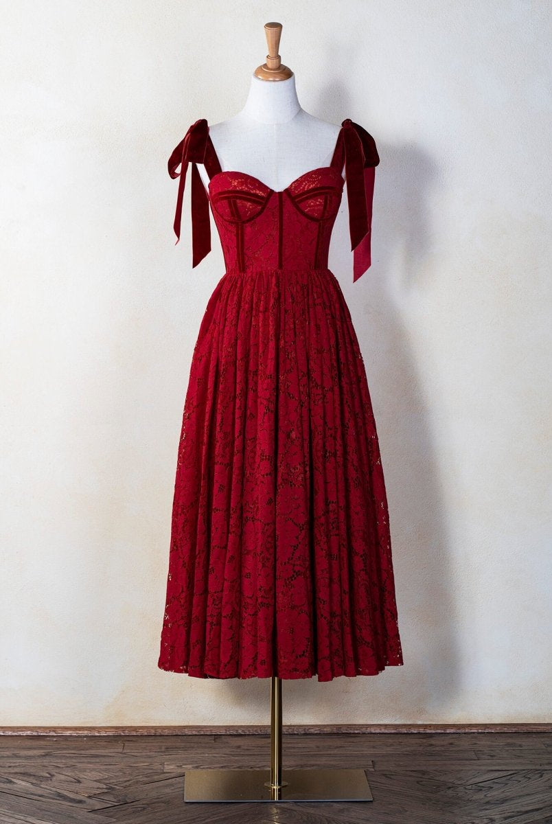 Corset Bow Straps Tea Length Lace Prom Dress - KissProm