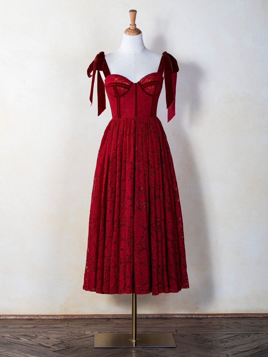 Corset Bow Straps Tea Length Lace Prom Dress - KissProm