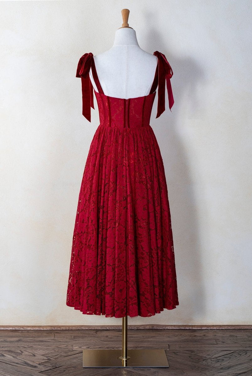 Corset Bow Straps Tea Length Lace Prom Dress - KissProm