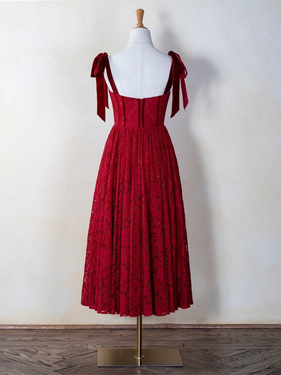 Corset Bow Straps Tea Length Lace Prom Dress - KissProm