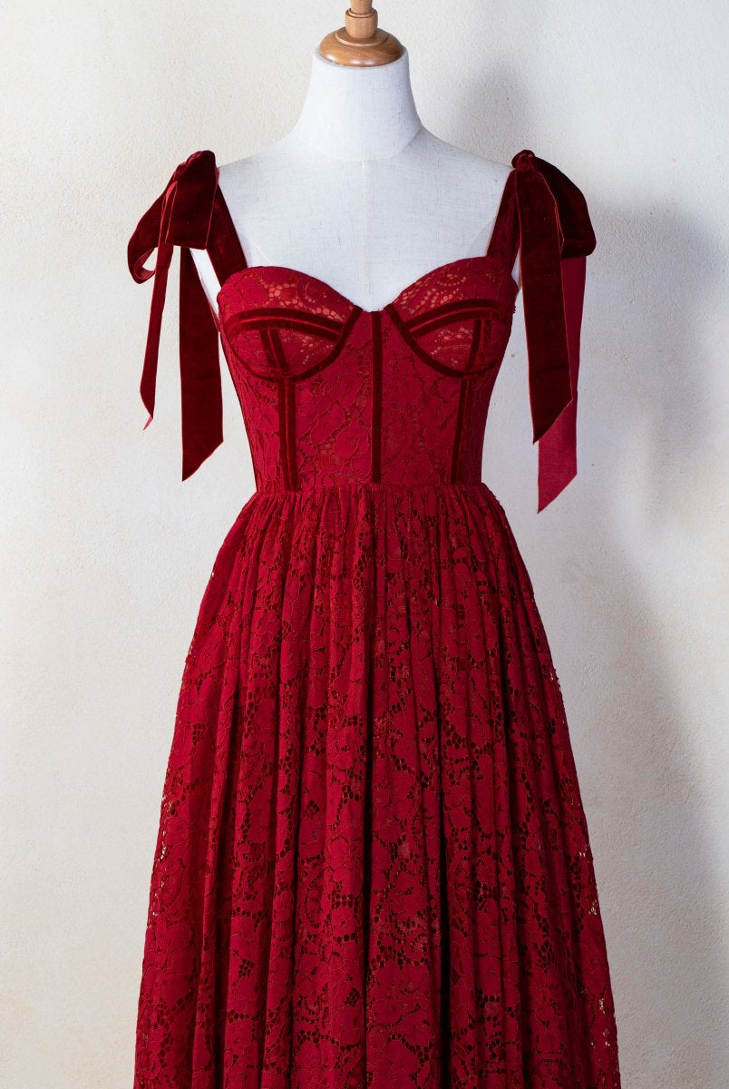 Corset Bow Straps Tea Length Lace Prom Dress - KissProm