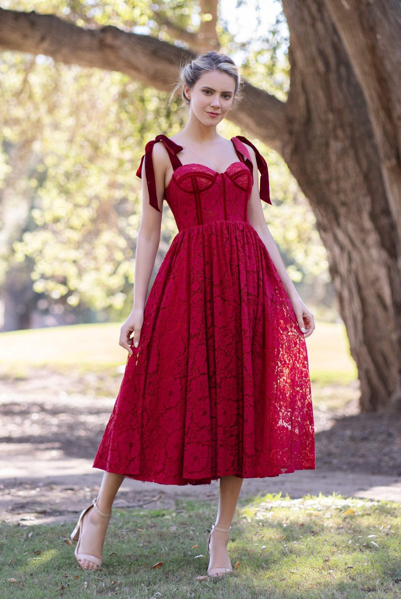 Corset Bow Straps Tea Length Lace Prom Dress - KissProm