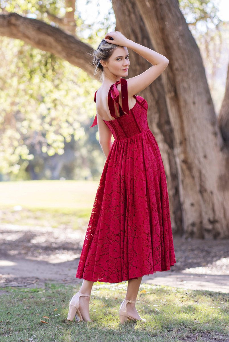 Corset Bow Straps Tea Length Lace Prom Dress - KissProm