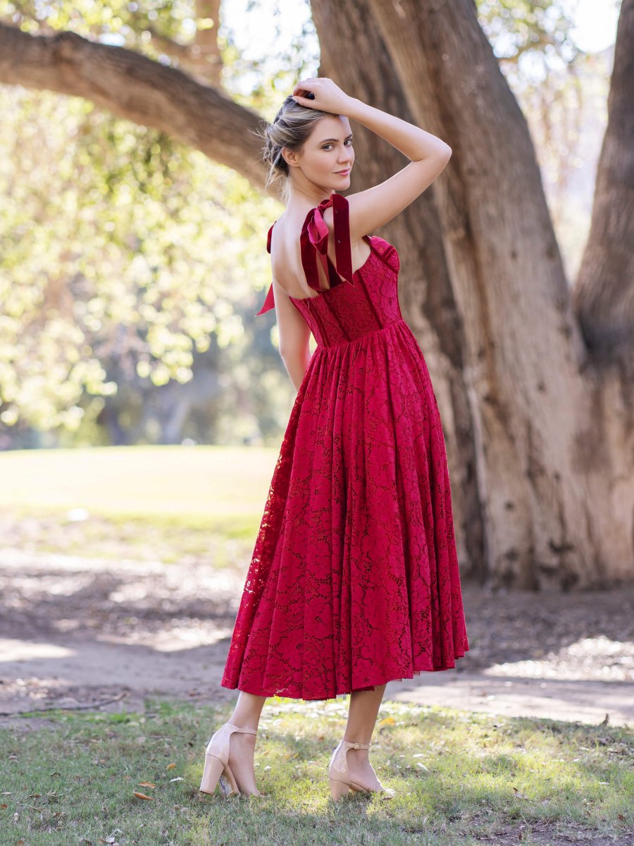 Corset Bow Straps Tea Length Lace Prom Dress - KissProm