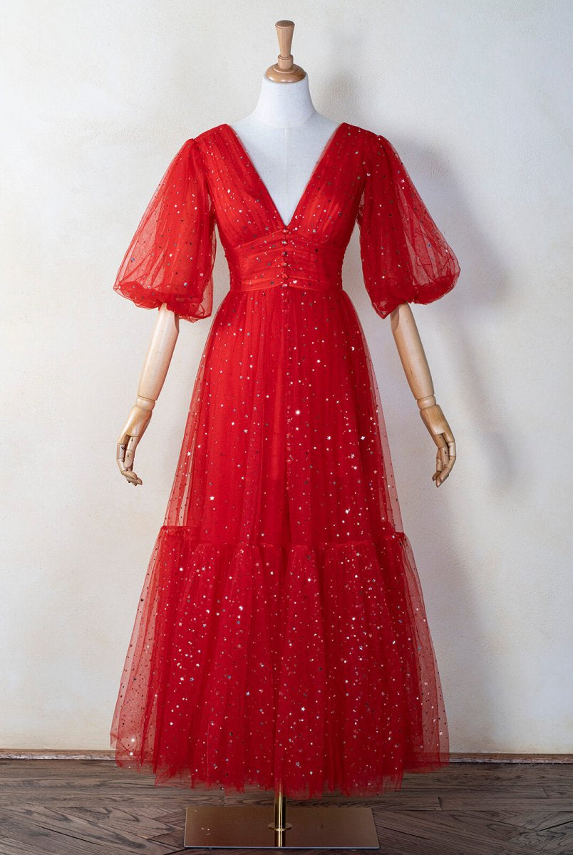 V-neck Glitter Tea Length Tulle Prom Dress