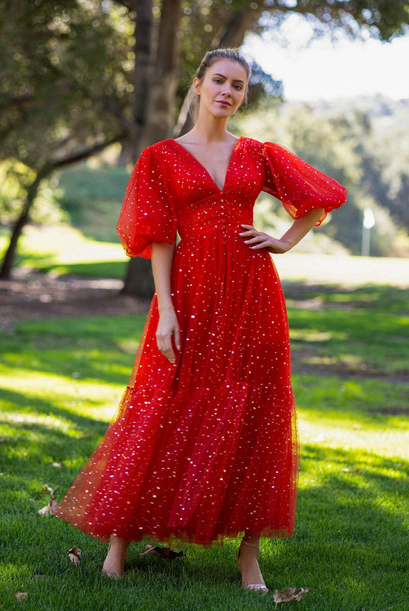 V-neck Glitter Tea Length Tulle Prom Dress