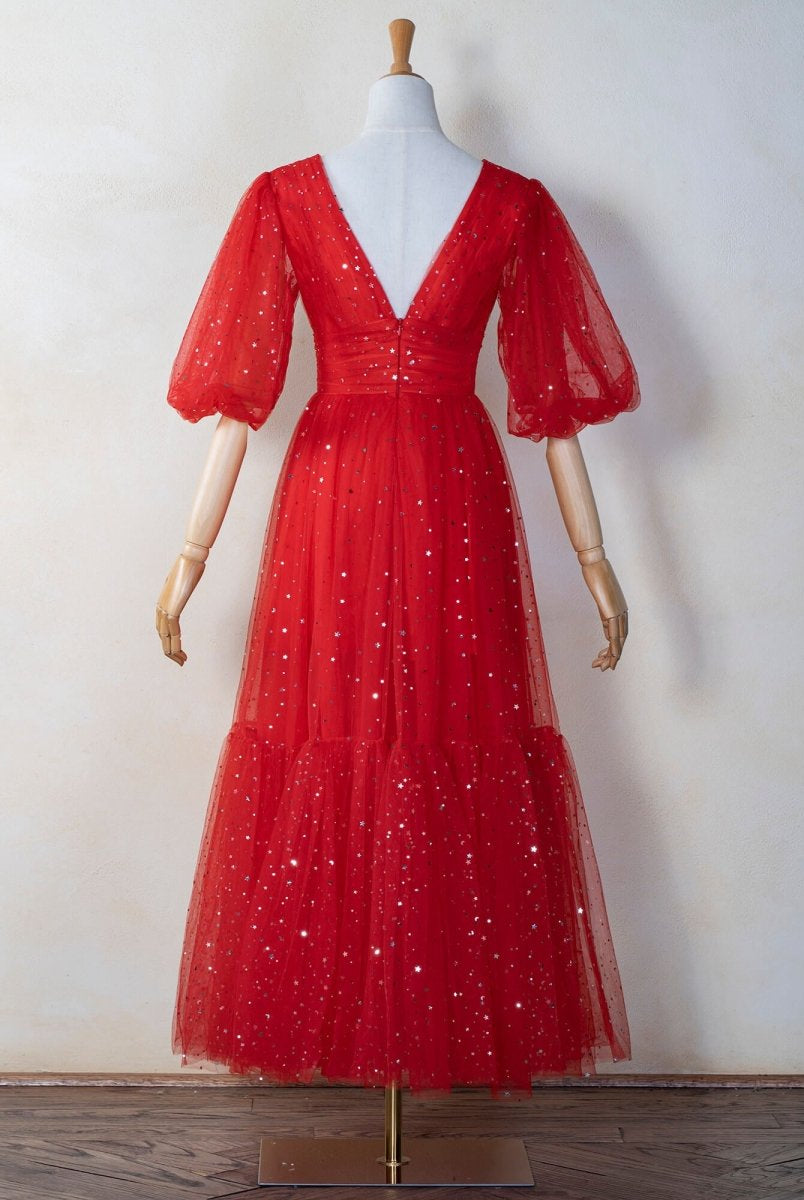 V-neck Glitter Tea Length Tulle Prom Dress