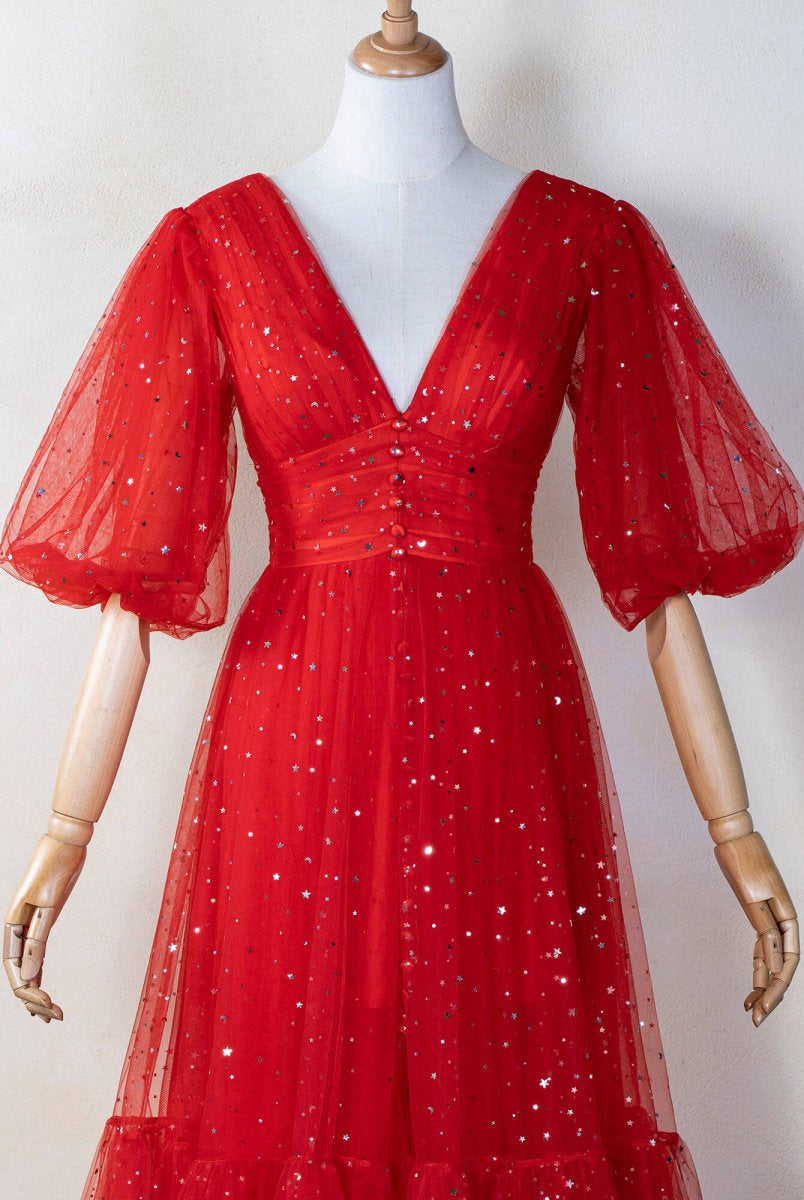 V-neck Glitter Tea Length Tulle Prom Dress