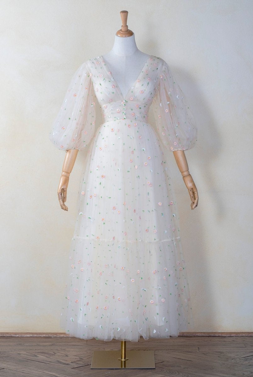 Deep V Starlit Cloud Ruffle Cuffs Maxi Length Dress