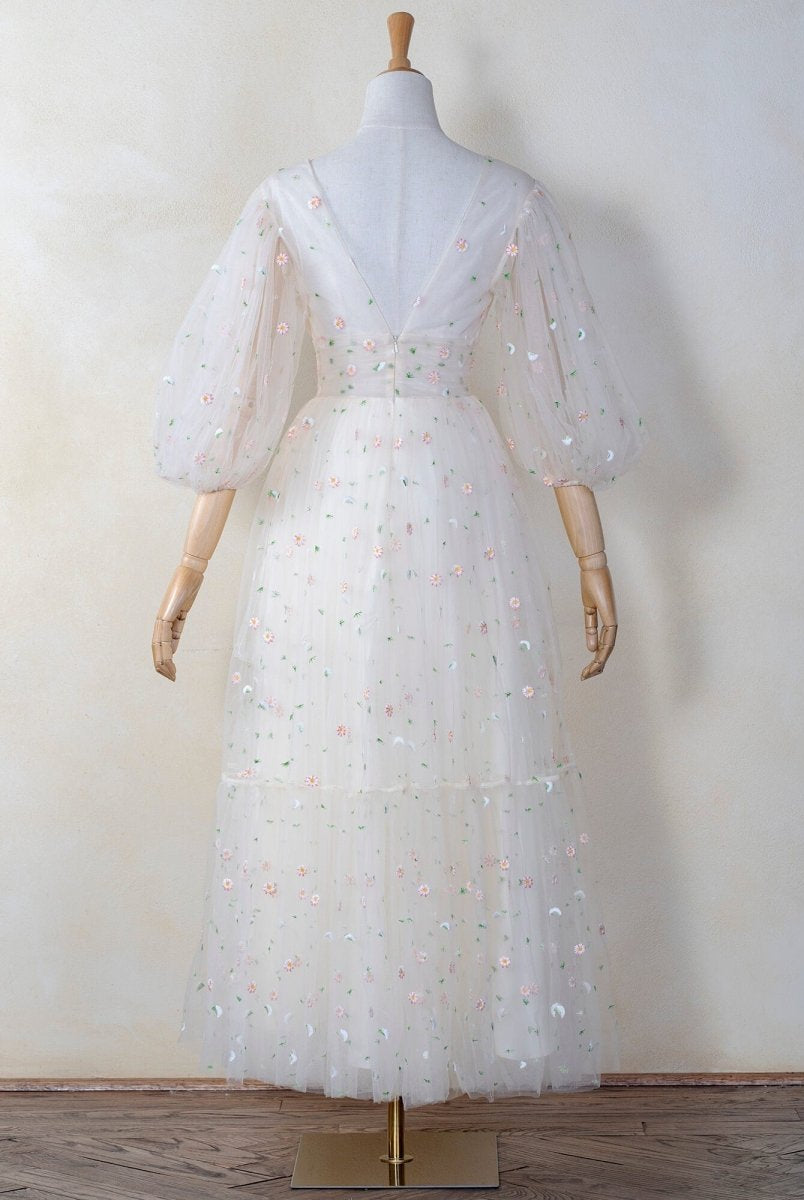 Deep V Starlit Cloud Ruffle Cuffs Maxi Length Dress