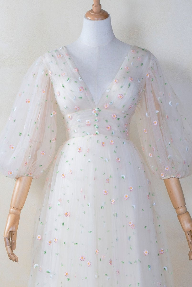 Deep V Starlit Cloud Ruffle Cuffs Maxi Length Dress