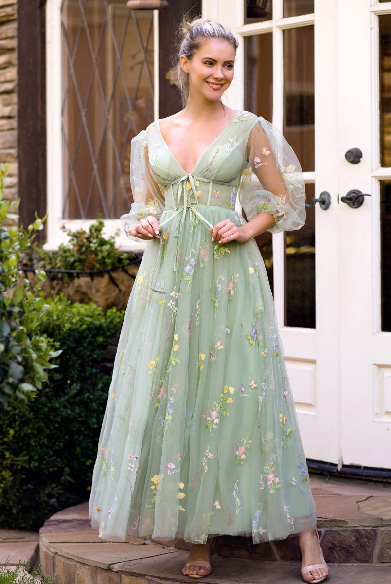 V-neck Embroidery Maxi Length Tulle Corset Floral Prom Dress