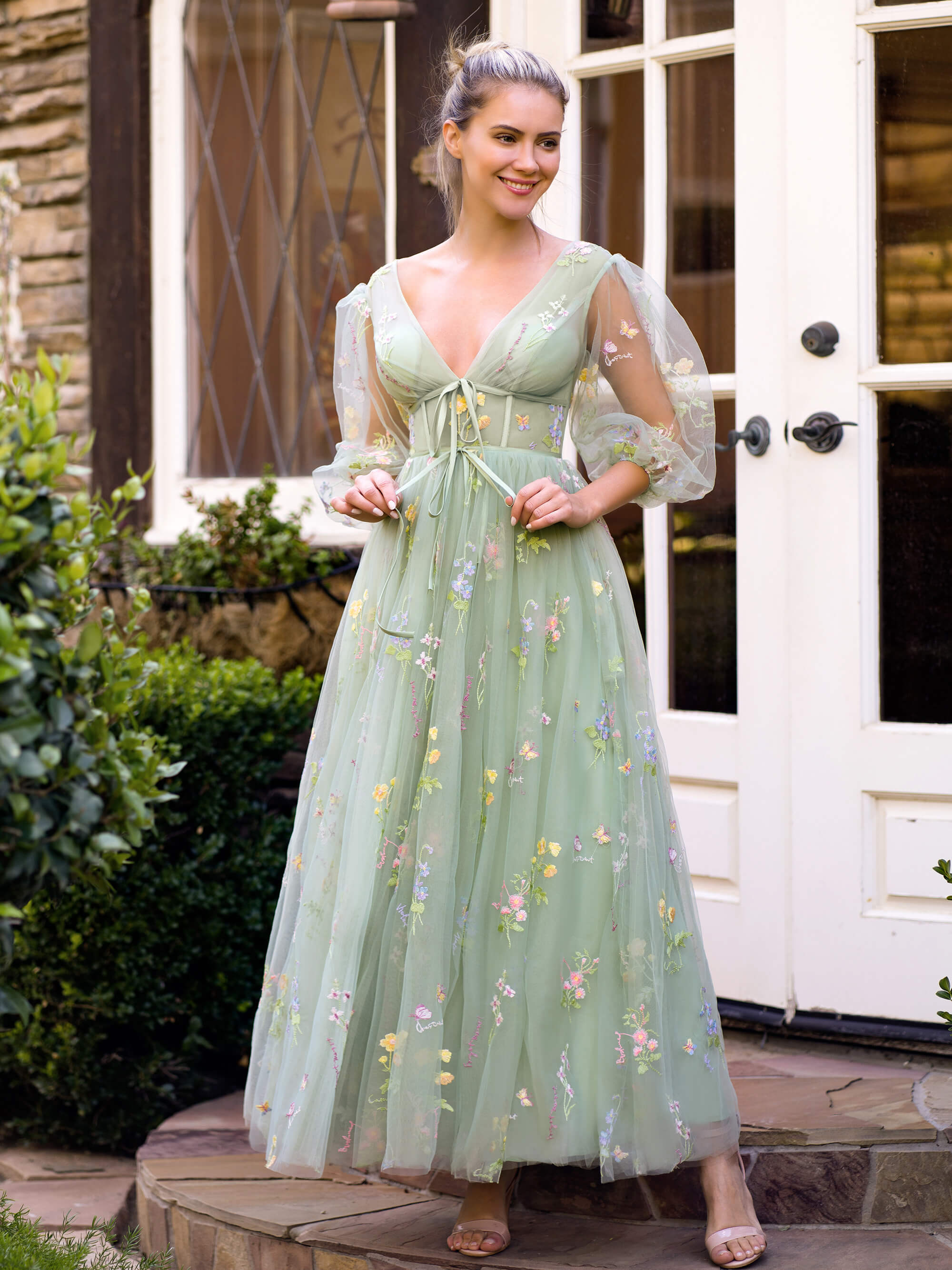 V-neck Embroidery Maxi Length Tulle Corset Floral Prom Dress