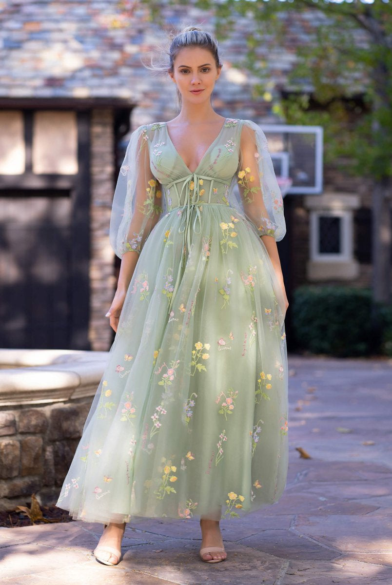V-neck Embroidery Maxi Length Tulle Corset Floral Prom Dress