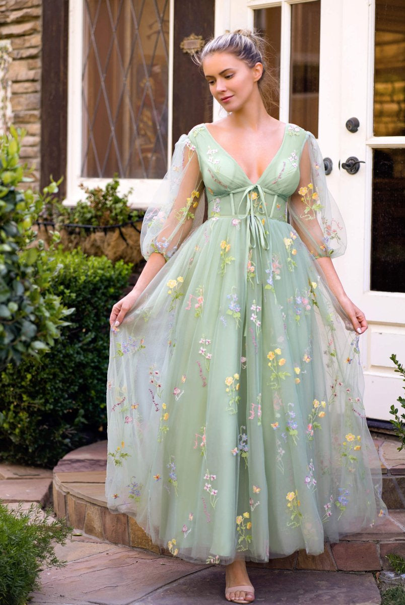 V-neck Embroidery Maxi Length Tulle Corset Floral Prom Dress