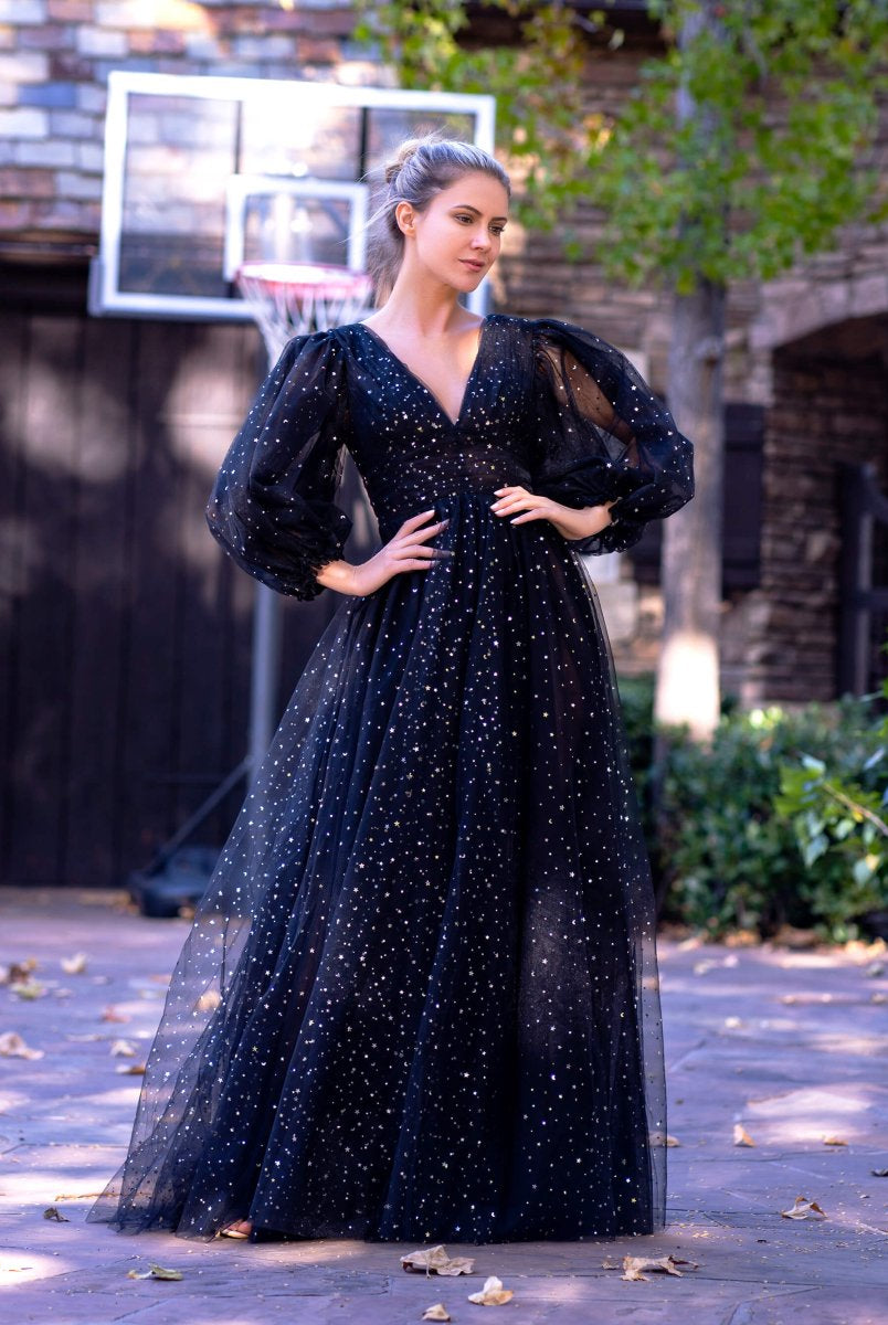 V-neck Starlit Cloud Ruffle Sleeves Floor Length Tulle Prom Dress