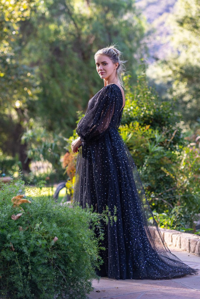 V-neck Starlit Cloud Ruffle Sleeves Floor Length Tulle Prom Dress