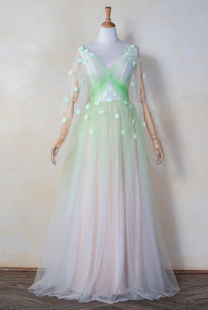 V-neck 3D Applique Floor Length Tulle Prom Dress