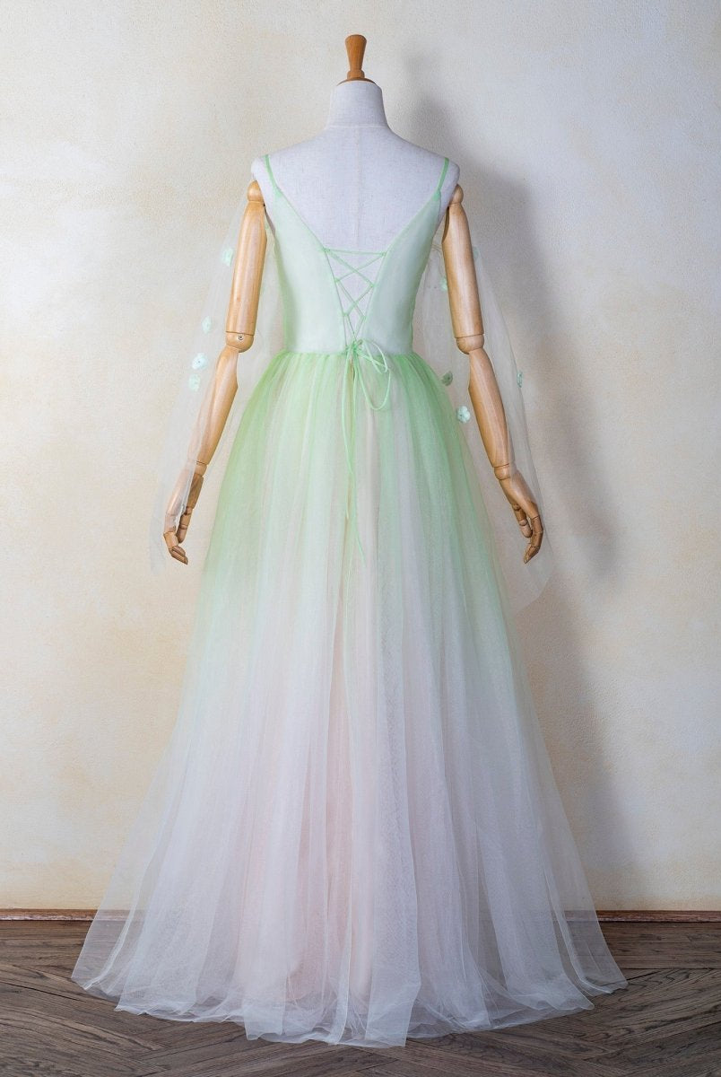 V-neck 3D Applique Floor Length Tulle Prom Dress