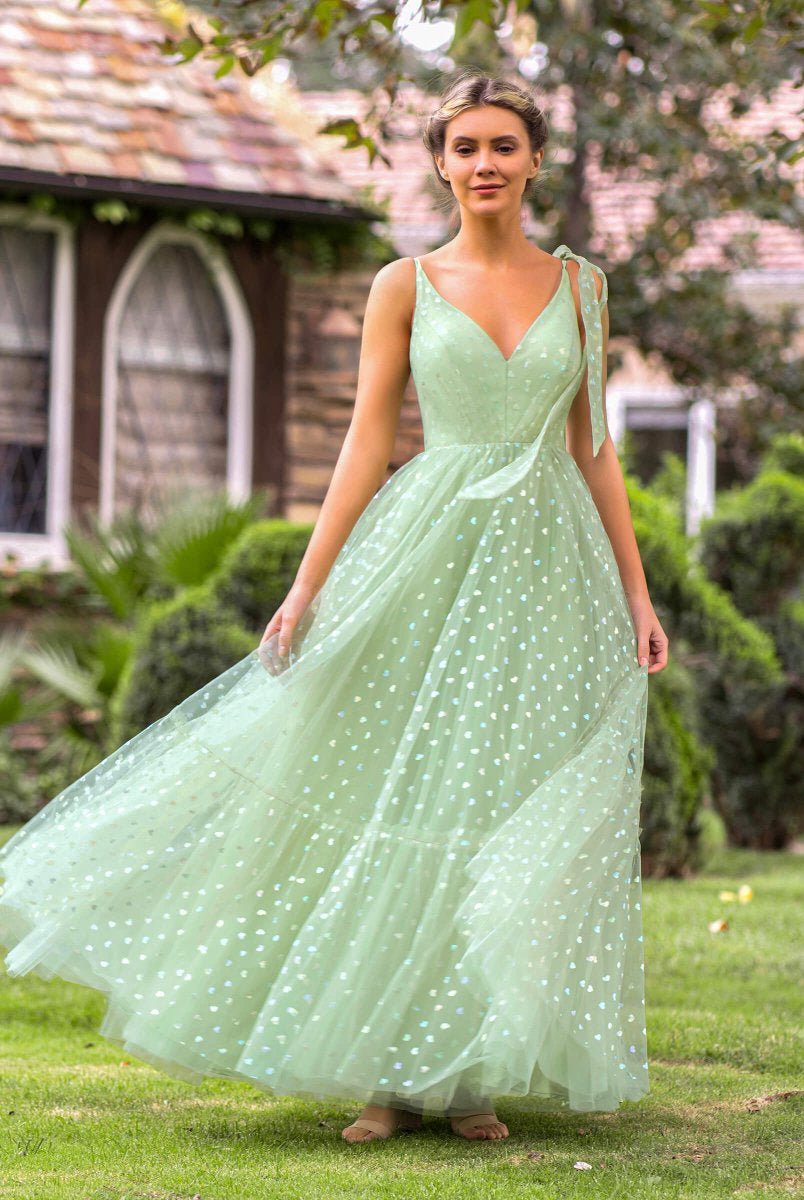 V - neck Dotted Floor Length Tulle Prom Dress - KissProm