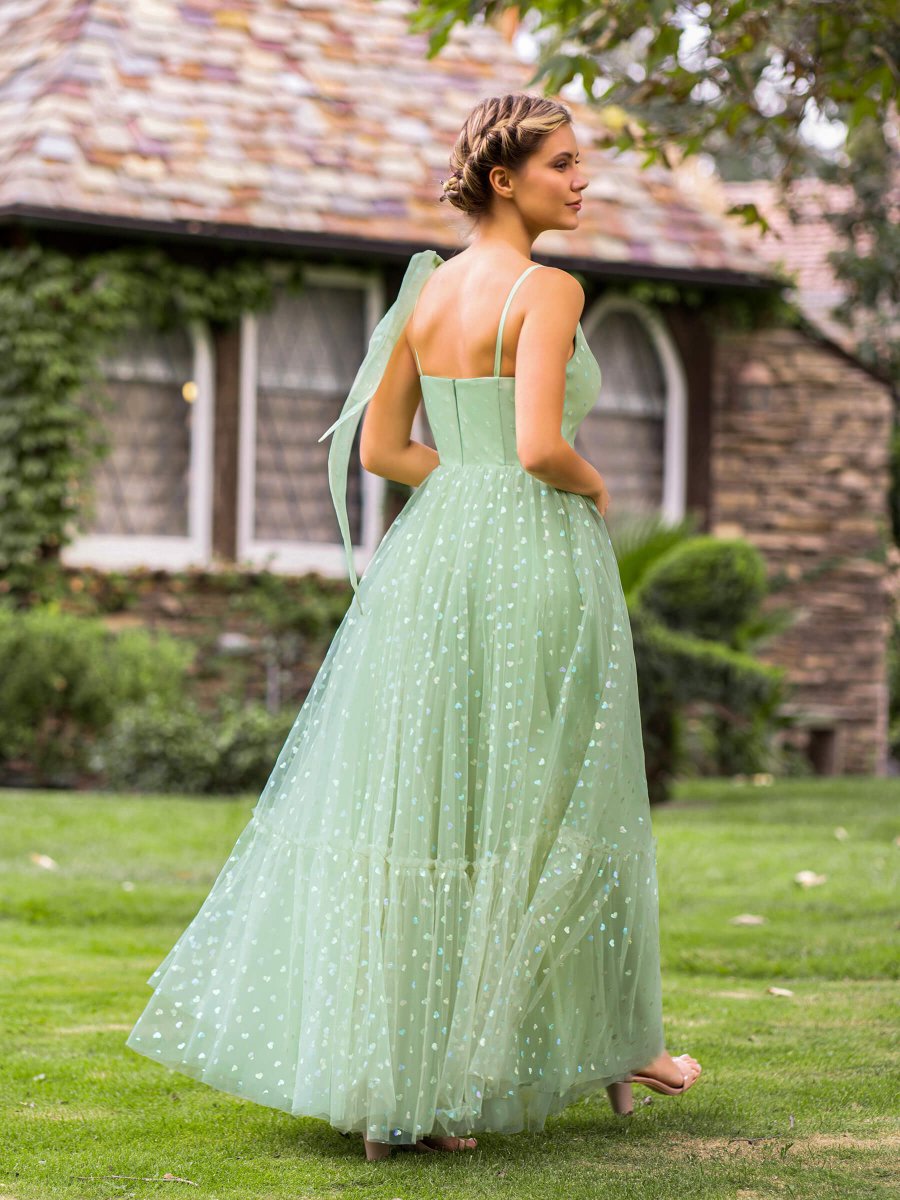 V - neck Dotted Floor Length Tulle Prom Dress - KissProm