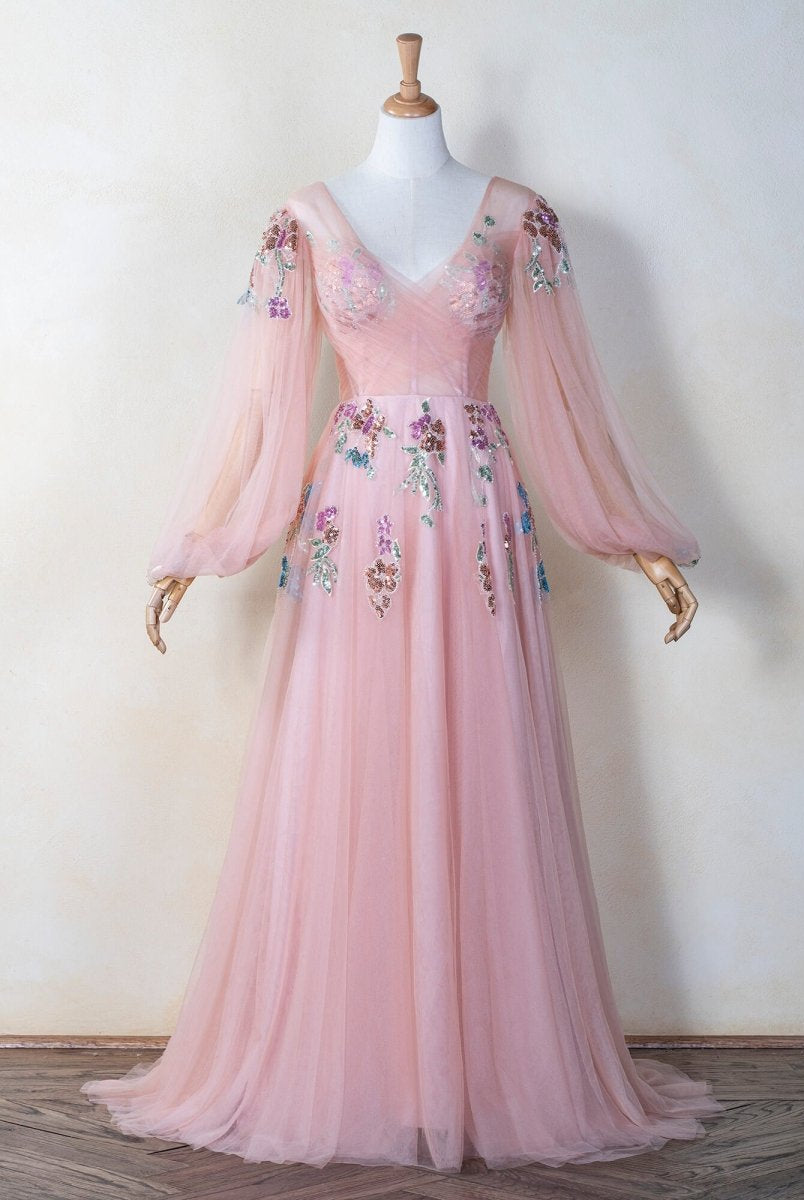 V-neck Embroidery Sequin Floor Length Tulle Prom Dress