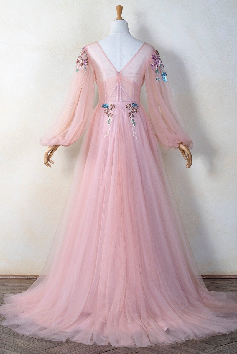 V-neck Embroidery Sequin Floor Length Tulle Prom Dress