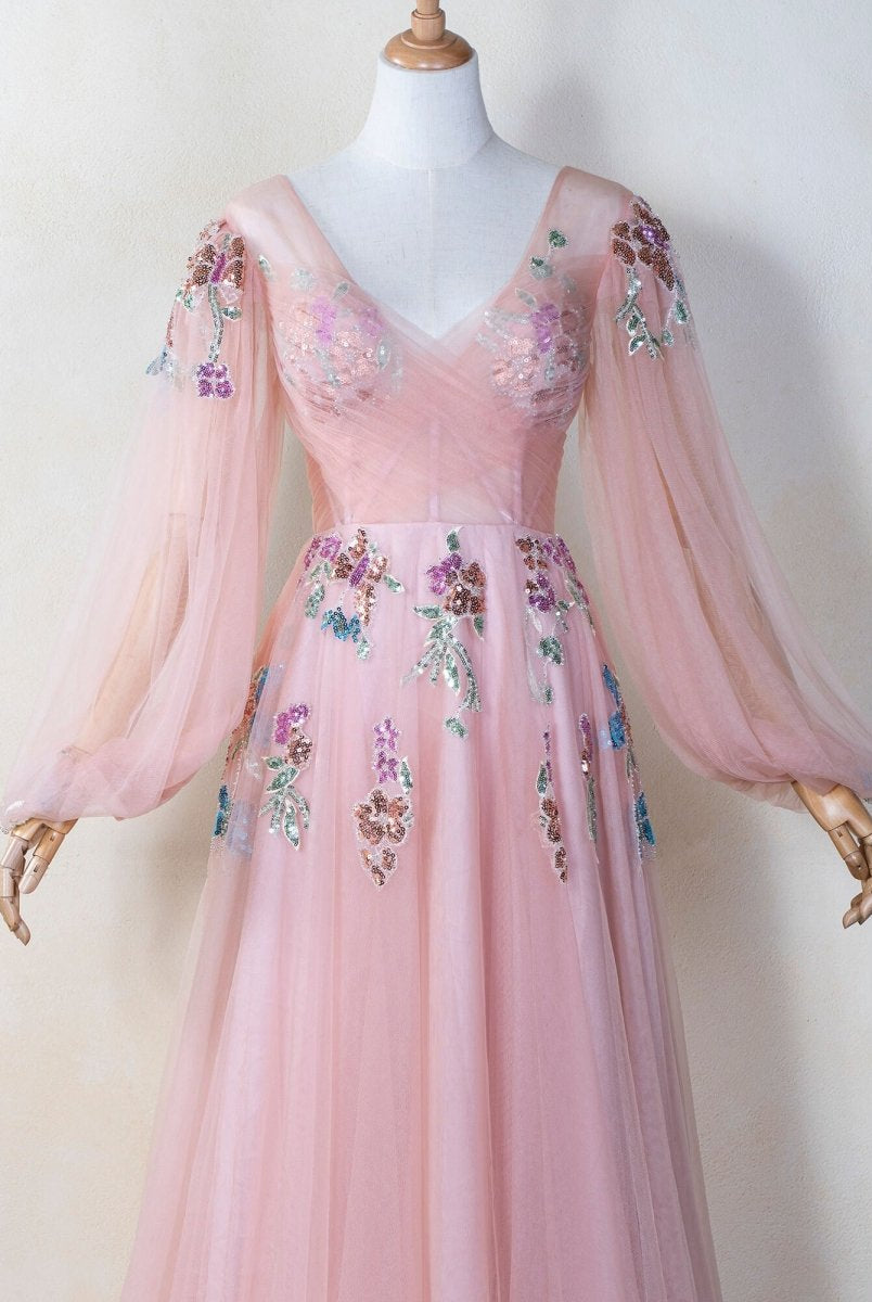 V-neck Embroidery Sequin Floor Length Tulle Prom Dress