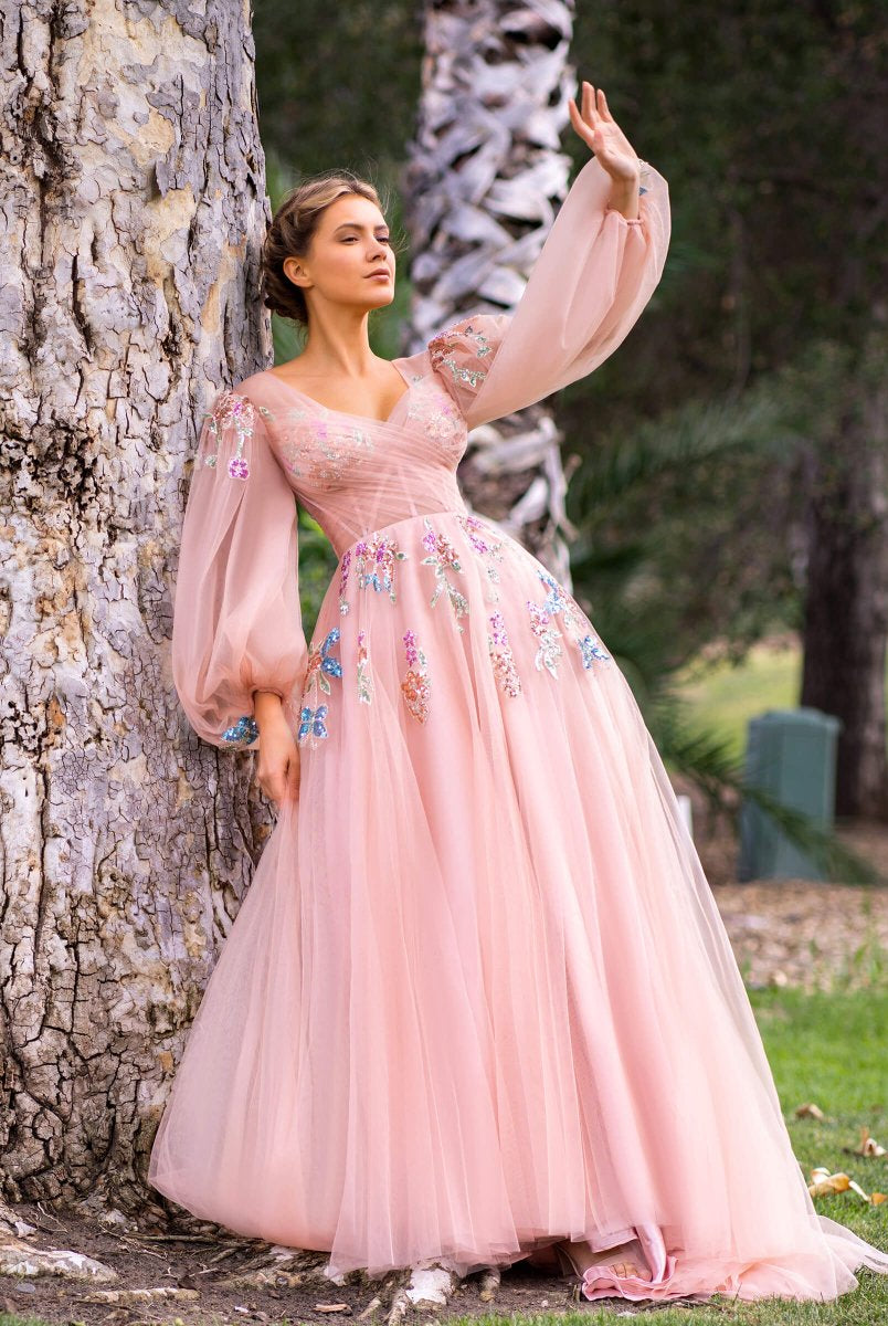 V-neck Embroidery Sequin Floor Length Tulle Prom Dress