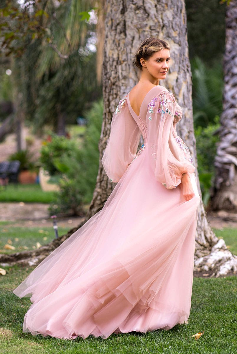 V-neck Embroidery Sequin Floor Length Tulle Prom Dress