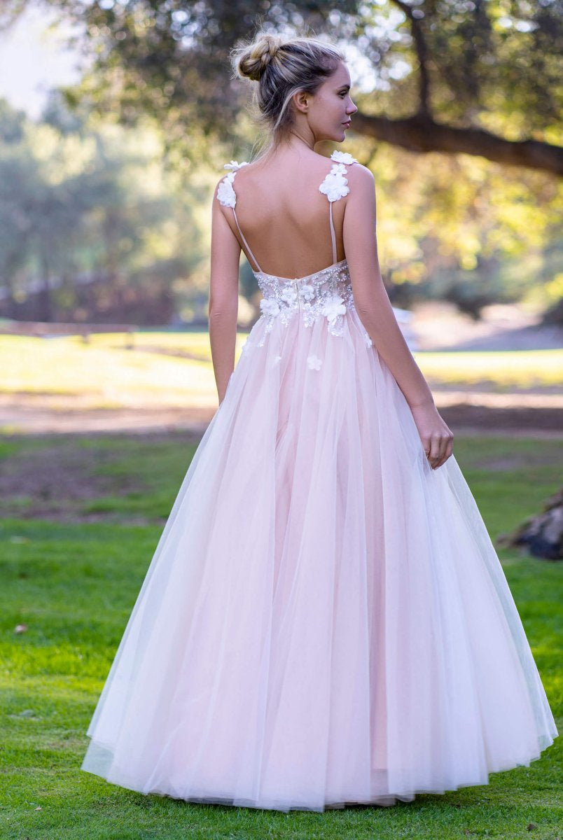V-neck Lace Bow Straps Floor Length Tulle Prom Dress