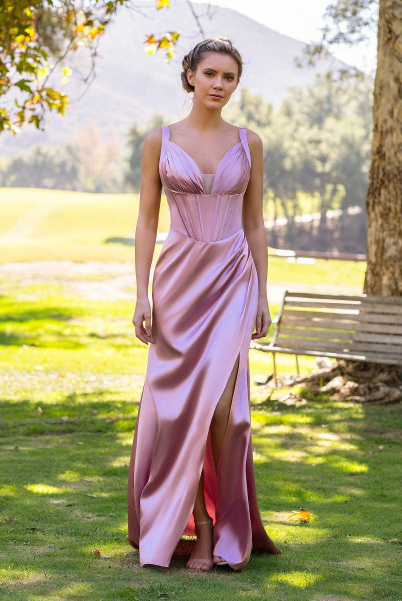 Sheath Pink V-neck Satin Floor Length Prom Dress