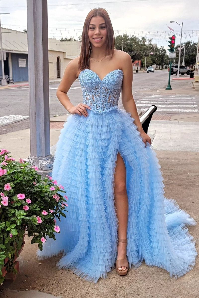 Addilyn |A-line Strapless Multi-Layers Tulle Prom Dress with Slit