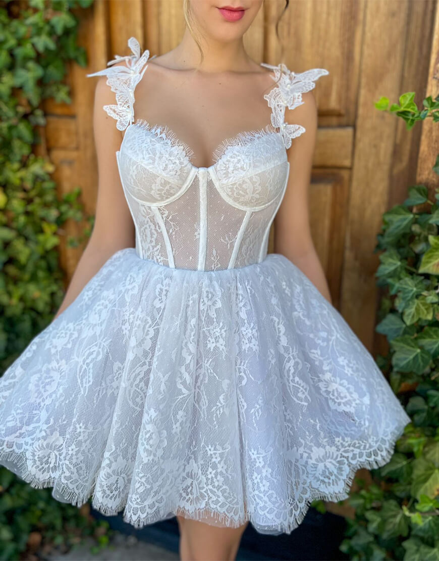 Fiona Aline Sweetheart White Corset Homecoming Dress with Butterfly Straps
