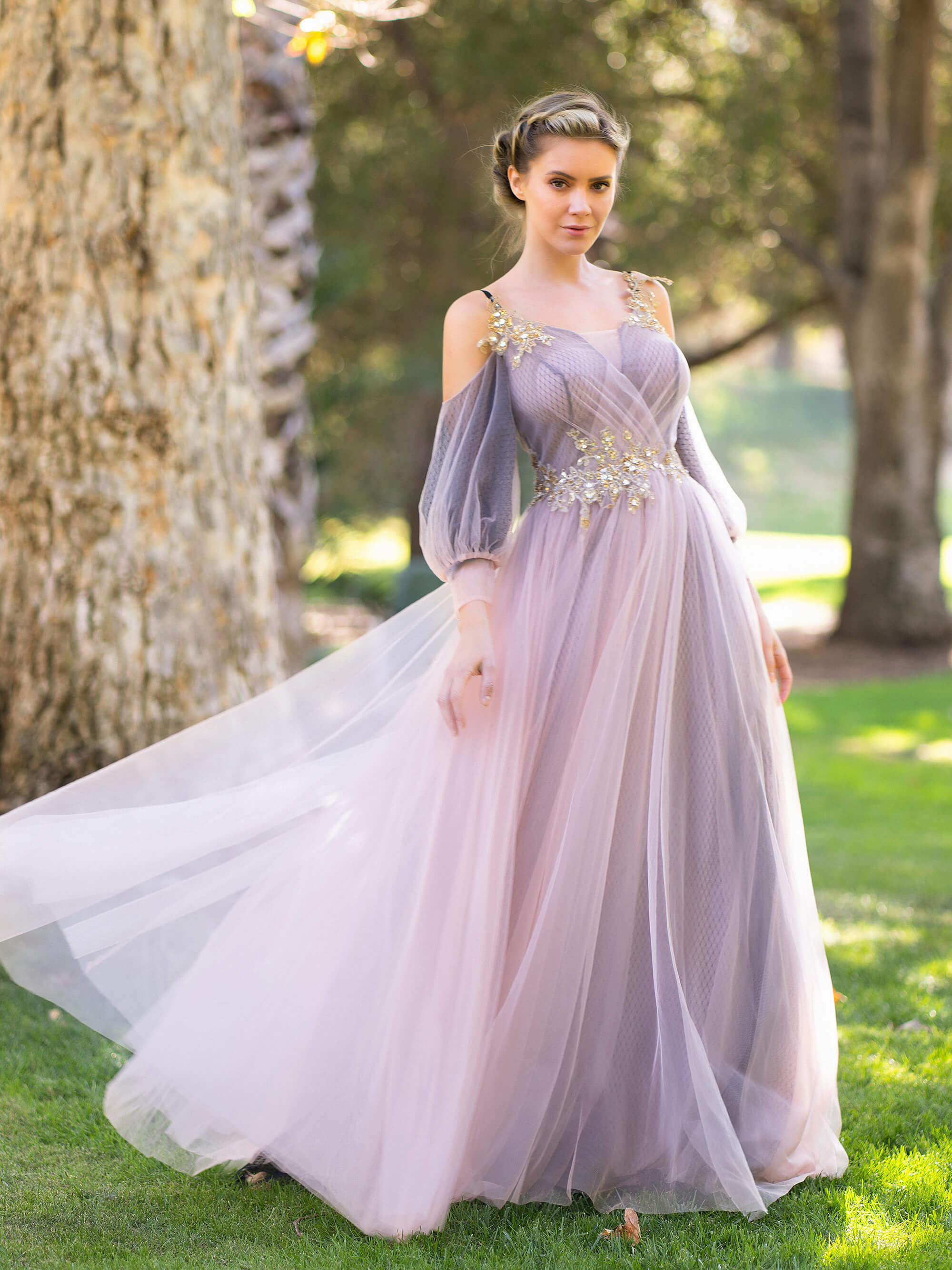 Wrap Top Tulle Half-Sleeve Appliques Prom Dresses |
